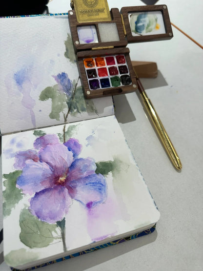 Wooden Compact Portable  12 Grid Mini Watercolor Travel Box