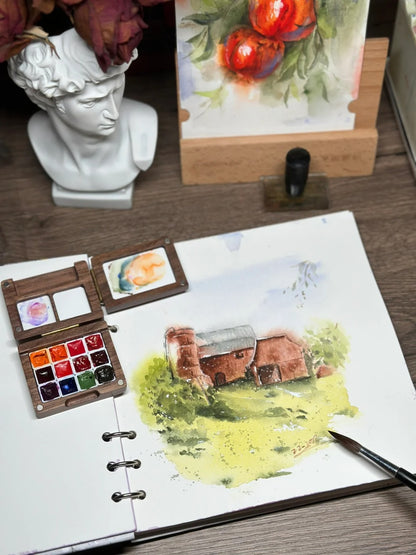 Wooden Compact Portable  12 Grid Mini Watercolor Travel Box